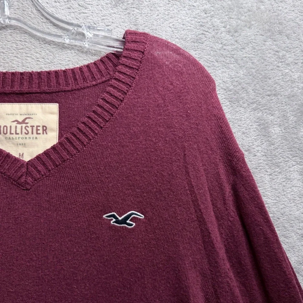 Hollister V-Neck Sweater Mens Medium Burgundy Red Knit Seagull Logo Long Sleeve